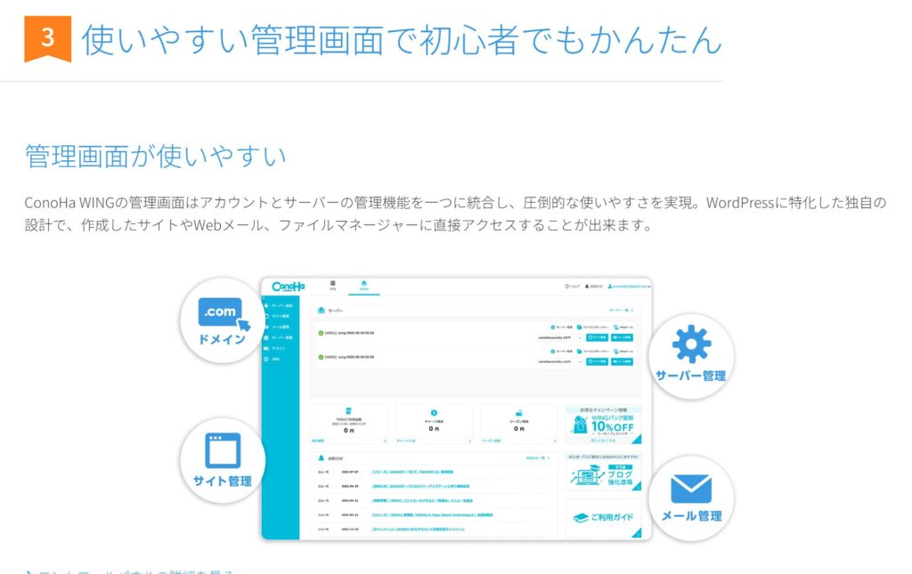 ConoHa WINGの管理画面が初心者でもかんたんだと謳っている画像